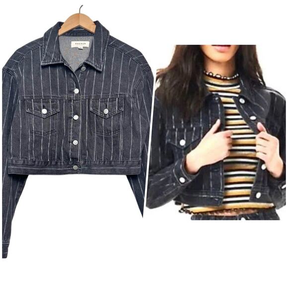PacSun | Women | Faded Wash Black Stripe Cropped Denim Jacket | Size M-L - Picture 1 of 11